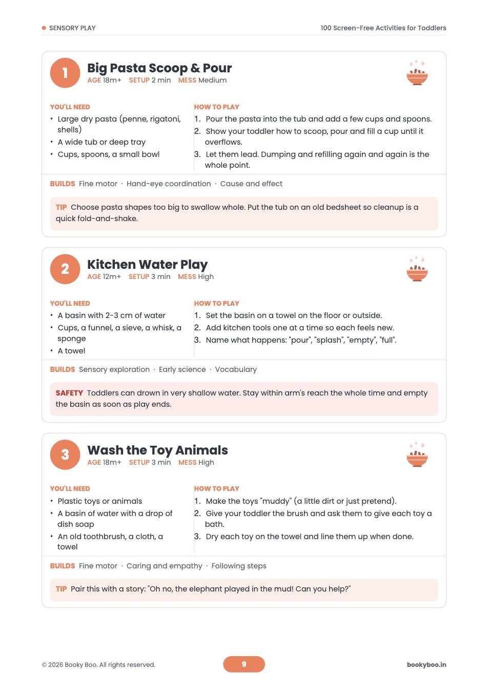 Inside page: activity cards for Big Pasta Scoop and Pour and Kitchen Water Play